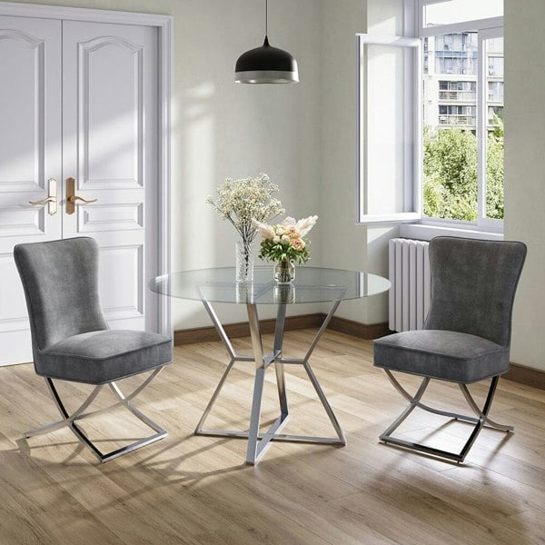 Set of 2 Beige High Back Dining Chairs with velvet Upholstered Dining Chairs Living and Home Grey