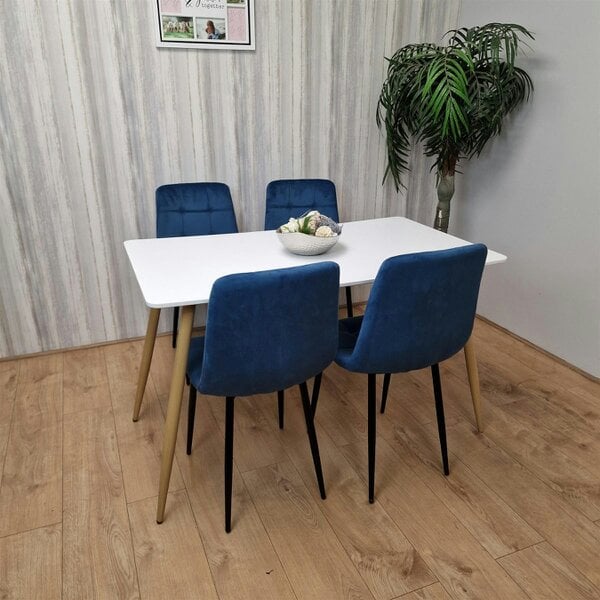 Kosy Koala Wooden Dining Table Set for 4 White Wooden Table and 4 Blue Velvet Chairs