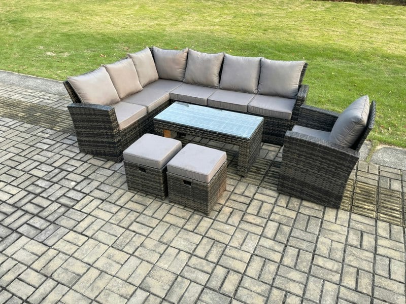 Fimous 9 Seat Rattan Garden Furniture Corner Sofa Set Outdoor Patio Sofa Chair Table Set with 2 Small Footstools Dark Grey Mixed