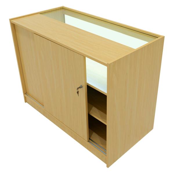 Adonis LED Shop Counter Set in maple finish, featuring a sliding door, glass display top, and open shelving for storage