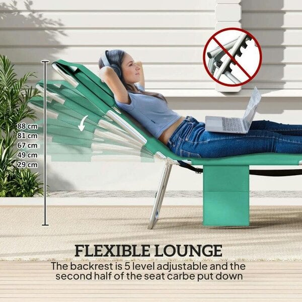 Bobobiy 5-Position Adjustable Sun Loungers Set of 2 with Reading Hole and Side Pocket, Green