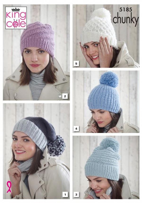 King Cole Timeless Chunky Knitting Pattern 5185, Headwear for Women, One Size