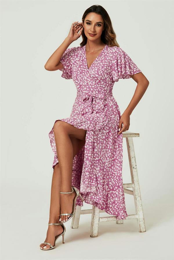 FS Collection Floral Print Midi Wrap Dress In Pink