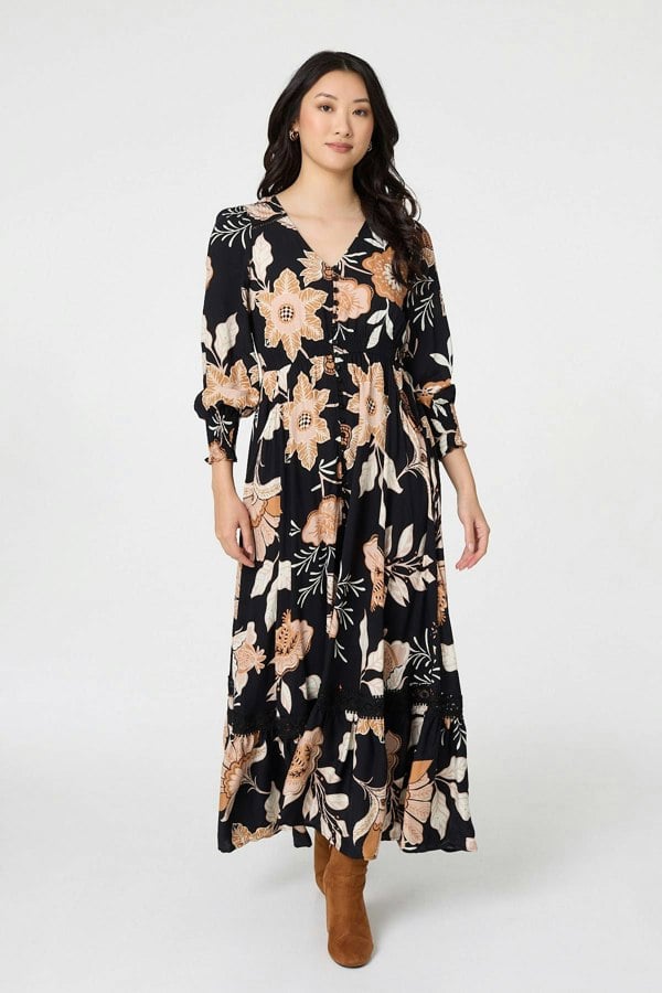 Black | Leaf Print Long Sleeve Maxi Dress
