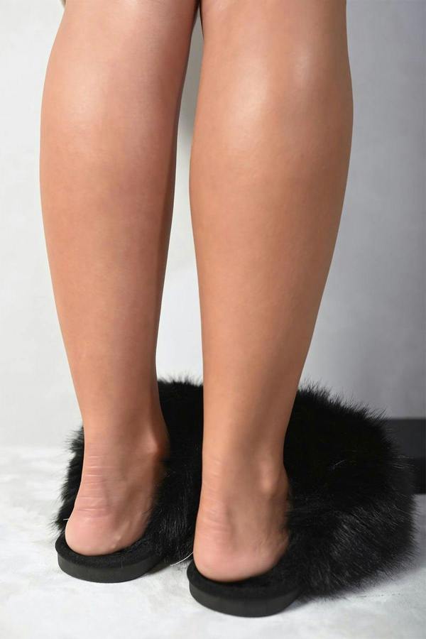 Mildred Fluffy Faux Fur Winter Sandals - Black