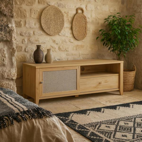 Wyld Haus Monza Natural Oak Wood and Rattan 1 Door 1 Drawer TV Unit