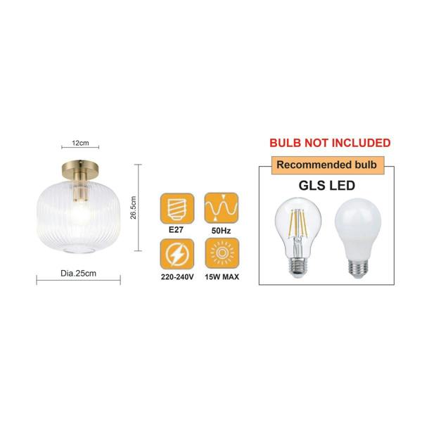 COSYLYTE Maple Modern Ribbed Glass Brass Ceiling Light