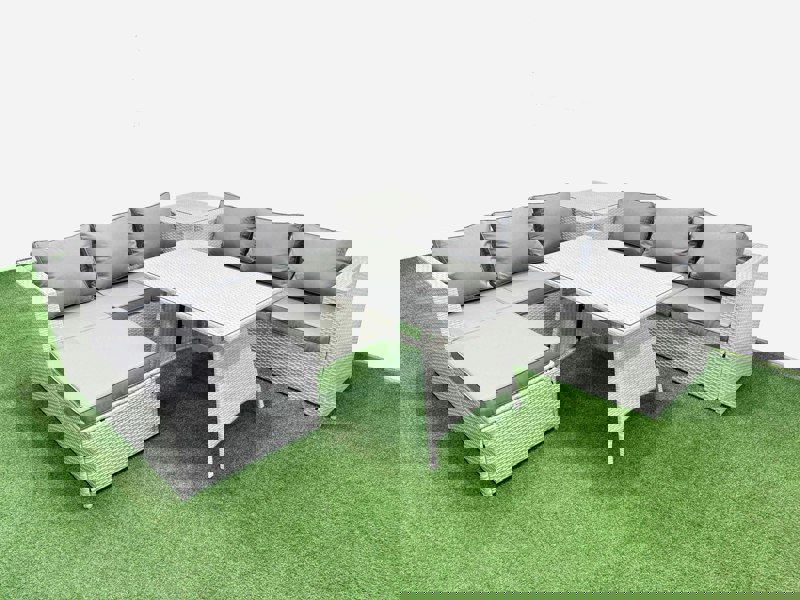 Fimous Rattan Garden Furniture Dining Set 7 seater Patio Rectangular Table 3 Seater Sofa Set with Side Table Big Stool Light Grey