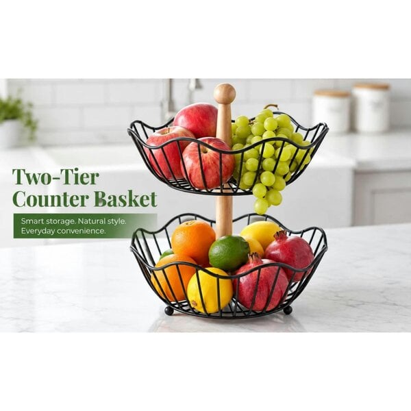 Dyzi 2 Tier Metal Wire Fruit Basket Countertop Stand Bamboo Handle Black