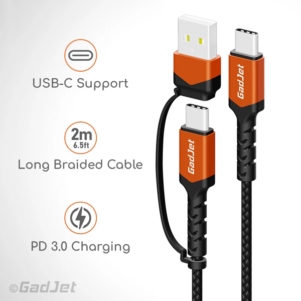 GadJet 2m USB-C to USB-C Cable + USB-A Adapter