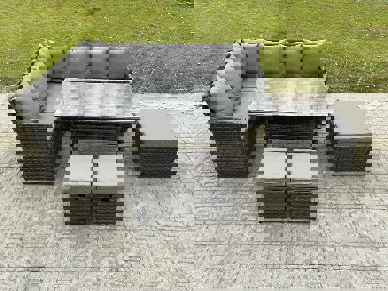 Fimous 9 Seater Outdoor Rattan Garden Furniture Set with Rectangular Dining Table 3 Footstools Patio Wicker Corner Sofa Set Dark Grey Mixed