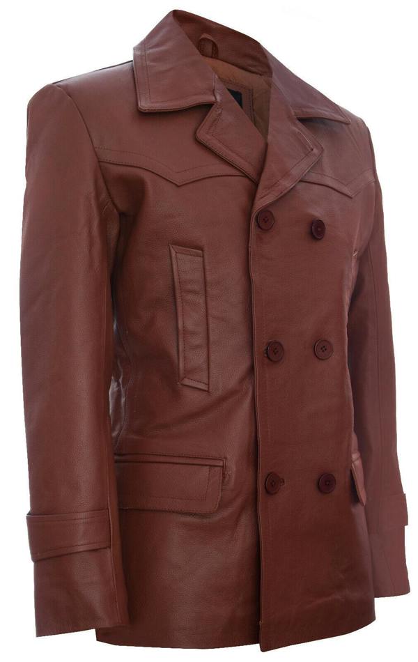 Infinity Leather Mens Cow Hide Dr Who Naval German Pea Coat Leather Jacket