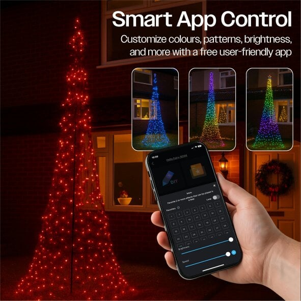 Scotts of Stow Xmas Haus Grass Soft Surface Mounted Flagpole Tree RGB Hello Fairy APP Control or Handheld Remote  32m H