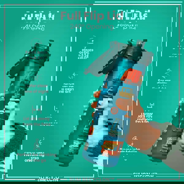 A teal water bottle, featuring a full 240° flip lid, is held; it has a vehicle-themed design. The bottle's lid folds back completely, providing a clear line of sight and sits away from the face. SLIM RECYCLON™