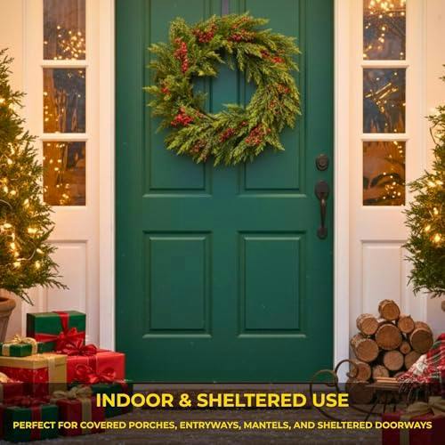 24 Inch Pine Needle Christmas Wreath with Red Berries for Indoor and Sheltered Outdoor Display image 7
