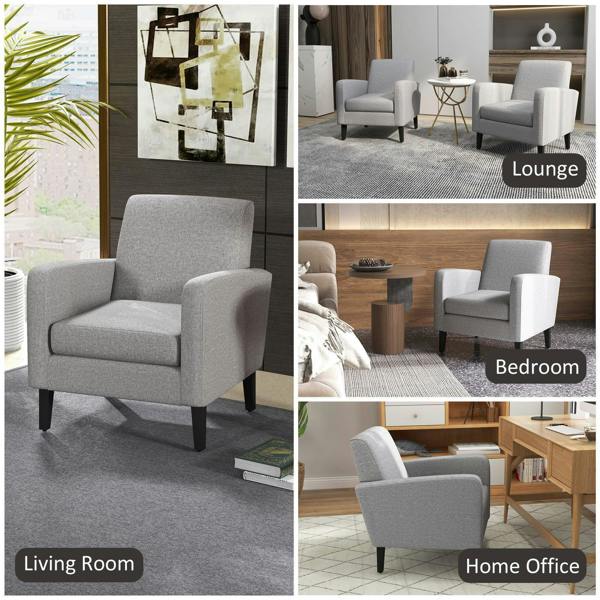 Light grey armchair shown in multiple room settings, with cushioned seat