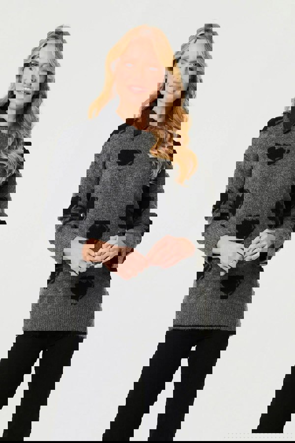 Grey | Heart Print Denim Trim Collar Jumper
