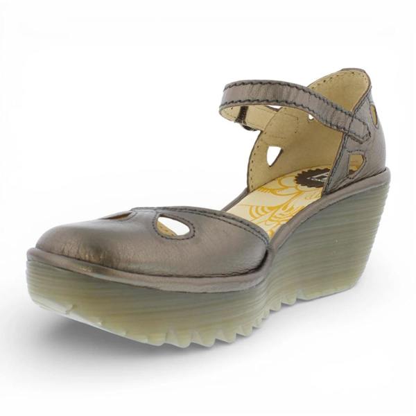 Fly London YUNA - Women’s Bronze Brown Leather Wedge Sandals