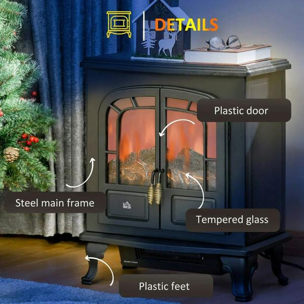Black electric fireplace stove heater with tempered glass and plastic doors plus steel frame