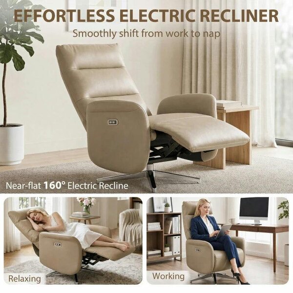 Power Recliner Chair, Swivel Electric Reclining Chair with Type C+USB, Recliner Armchair with Footrest, Brown