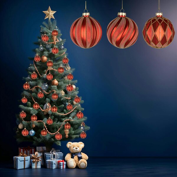Shatchi 8cm Red Glass Christmas Baubles, 12 Pack with Assorted Festive Designs for Tree Decoration