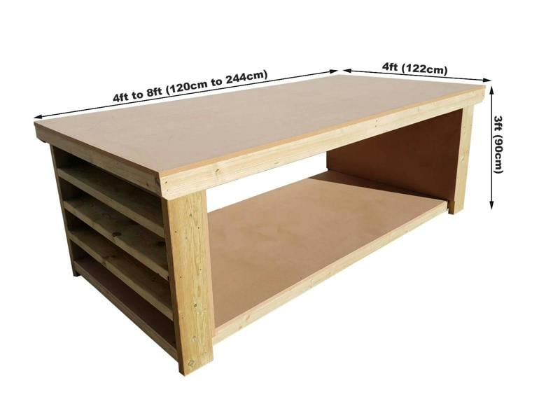 Wooden MDF top workbench with extra shelving, featuring a solid timber frame and smooth 18 mm MDF work surface designed for practical workshop use