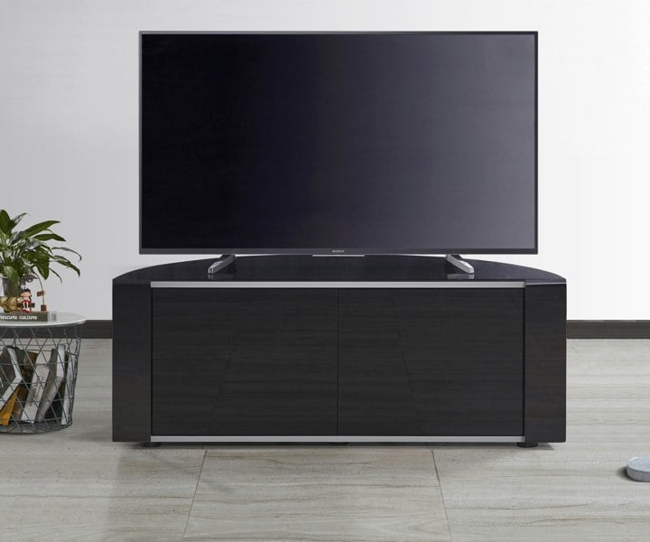 MDA Designs Sirius 1200 Remote Friendly Beam Thru Glass Door Gloss Black with Black Front Profiles up to 55" LCD/Plasma/LED Cabinet TV Stand