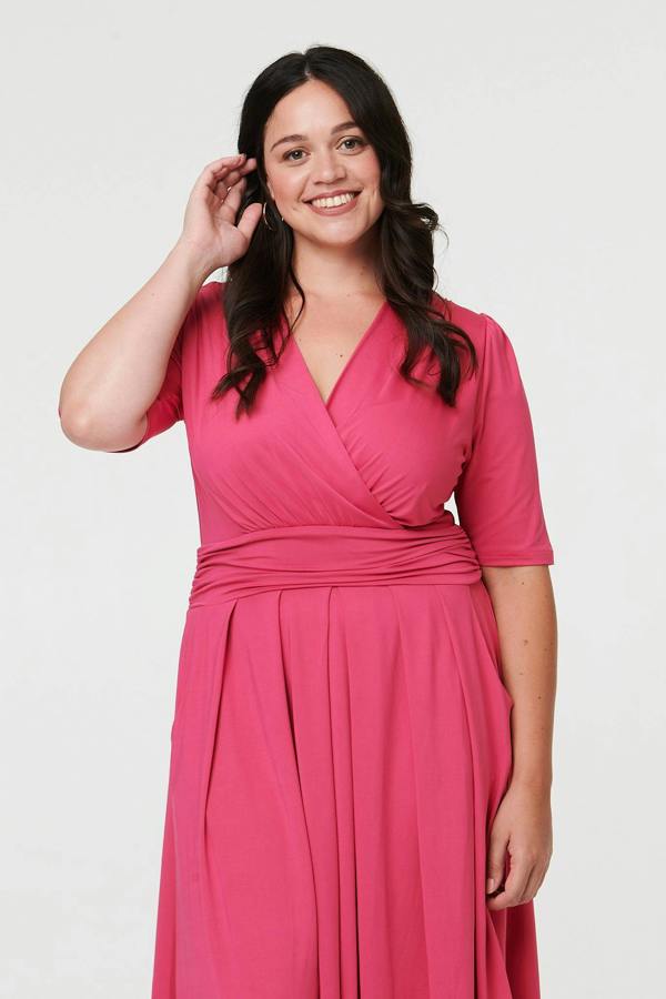 Fuschia | Curve Ruched Waist Faux Wrap Midi Dress