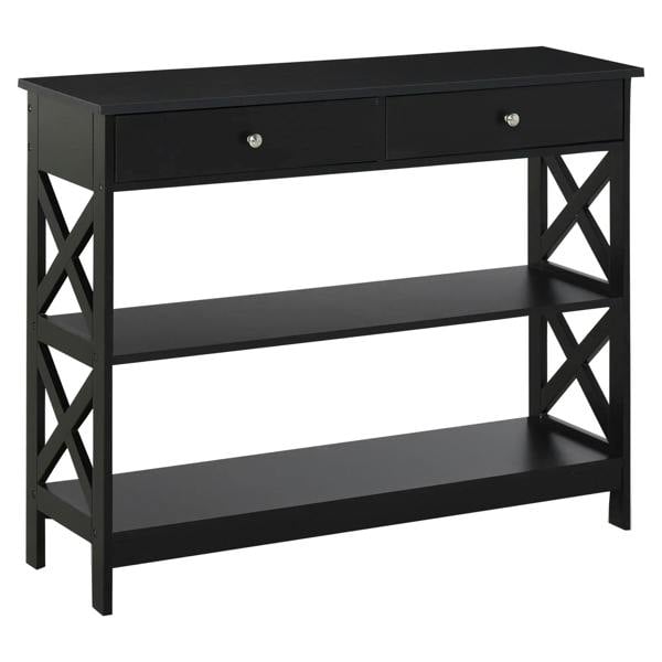 Black console table with two open shelves and X-frame side supports, two drawers