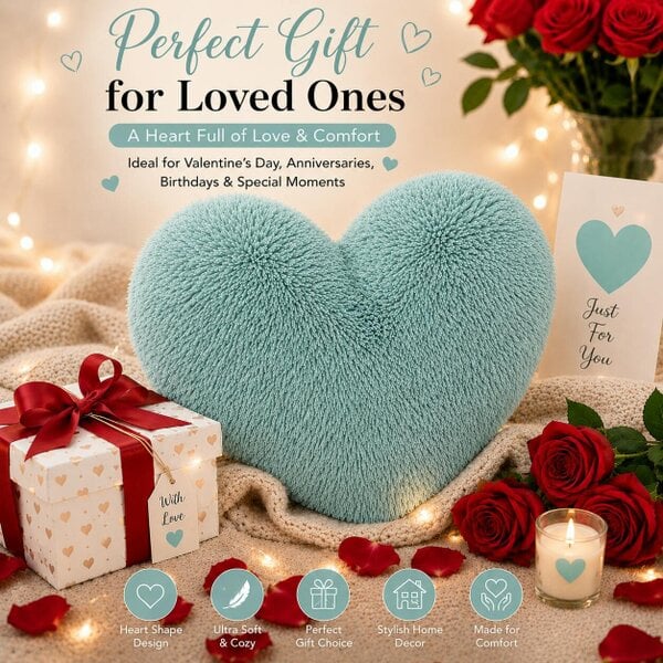 Night Zone Teddy Cuddles Heart Shape Cushion – Soft Teddy Fleece Filled Decorative Cushion - Duck Egg