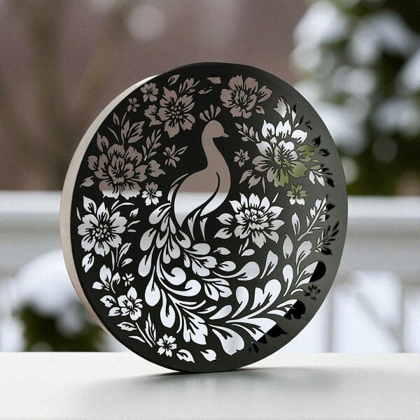 EDH Door Hardware Round Solar Wall Panel with Peacock Outdoor Metal Wall Art with LED Light Weatherproof Garden & Patio Décor | Circular Peacock Panel