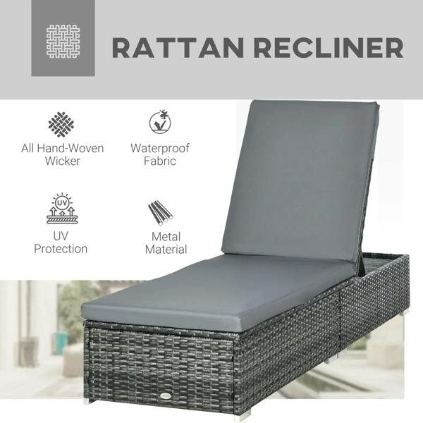 Grey padded rattan recliner lounger with upright backrest on woven frame