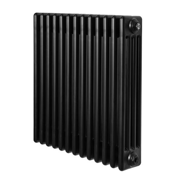 Traditional black 4 column radiator, 600 x 605mm, featuring a sleek, vertical design with smooth, glossy finish and rounded edges