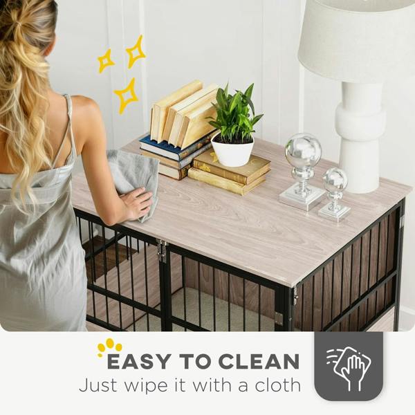 Dog crate end table with open top storage surface and dark metal door frame