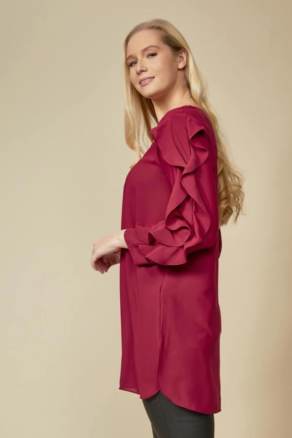 Hoxton Gal Oversized Ruffle Sleeve Relaxed Fit Tunic in Burgundy