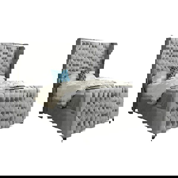 Casa Magna Donati Straight Curved Top Upholstered Soft Velvet Bed Frame - Grey