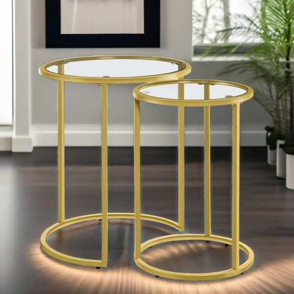 Rafaelo Mobilia Set Of 2 Round Gold Nesting Tables With Tempered Glass