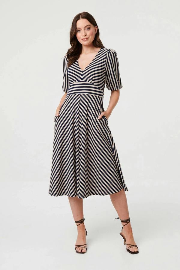 Navy | Striped 1/2 Puff Sleeve Midi Dress