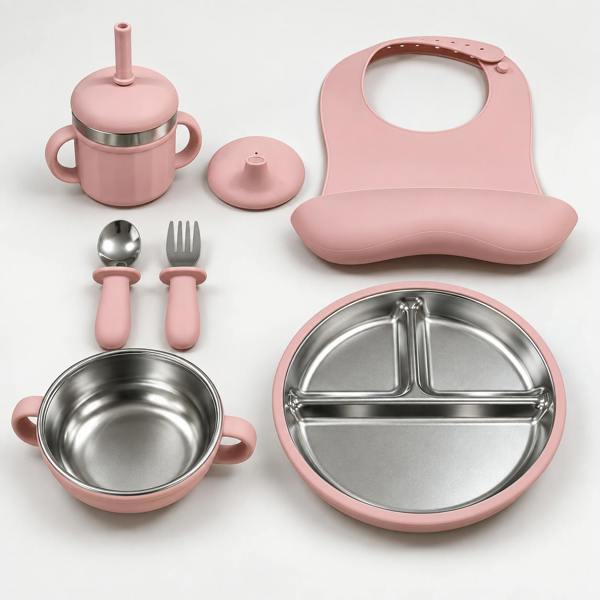 Maison des Cadeaux Baby Feeding & Weaning Set with Stainless Steel Plate, Bowl, Bib, Cup & Cutlery
