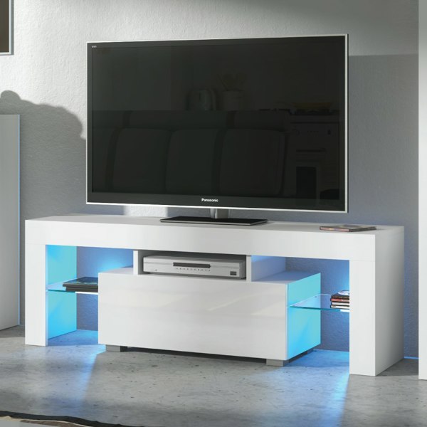 Mex Furniture 130cm TV Unit Cabinet with White High Gloss Doors, Free LED and Storage