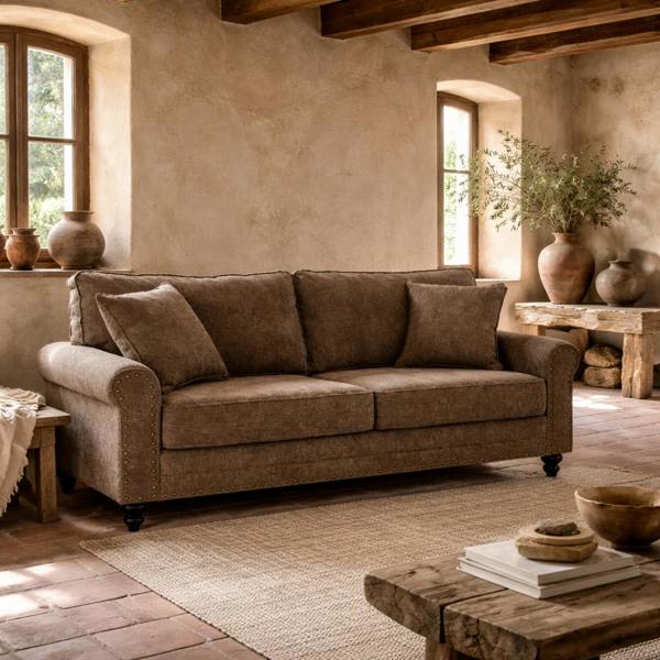 Wyld Haus Soleka Fabric Brown 3 Seater Sofa With Rubberwood Legs Nail Head Trim And 2 Cushions