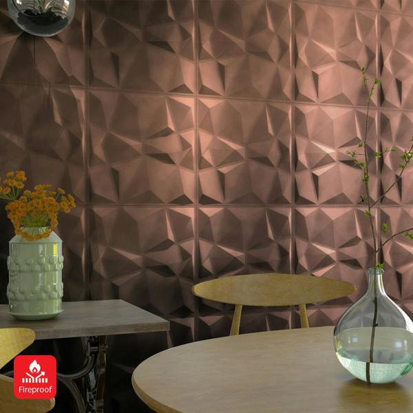 ENER-J 3D PVC Wall Panel, Faceted Diamond Design, Red Copper Rust, Size: 500x500x1mm | Pack of 4