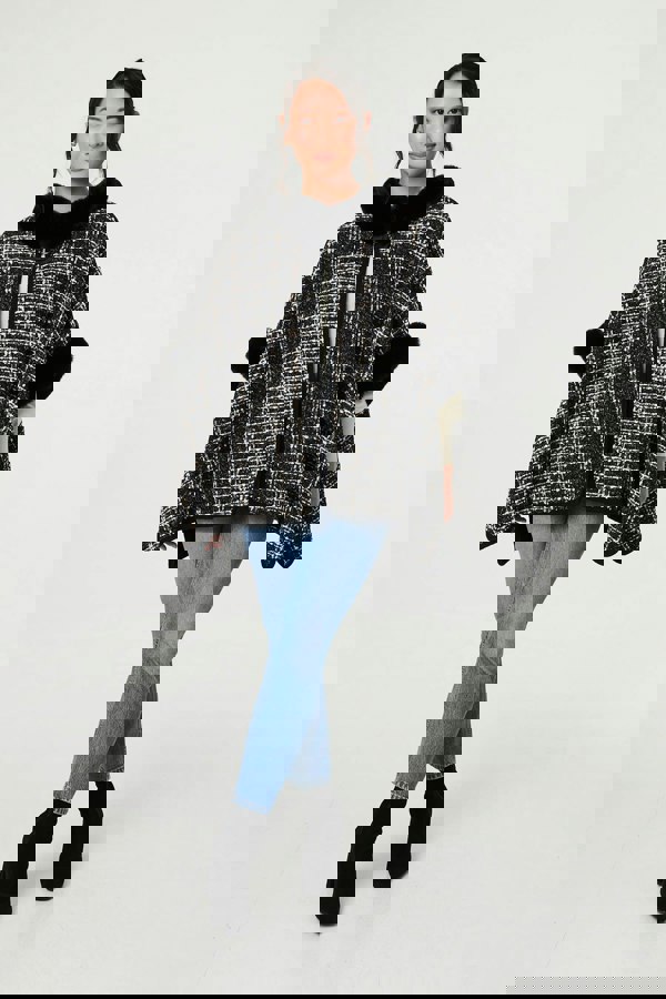 Black | Checked Faux Fur Trim 3/4 Sleeve Poncho