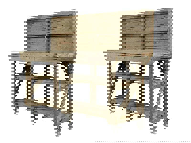 Indoor/Outdoor Pressure-Treated Double Shelf with back panel and wheels Workbench, a robust and versatile solution for all your workspace needs. Handcrafted in the UK, this workbench is constructed from high-quality, pressure-treated timber, ensuring durability and resistance to the elements, making it suitable for both indoor and outdoor use.