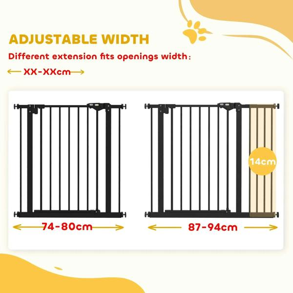 Black adjustable safety gate with extension panels and vertical bar frame