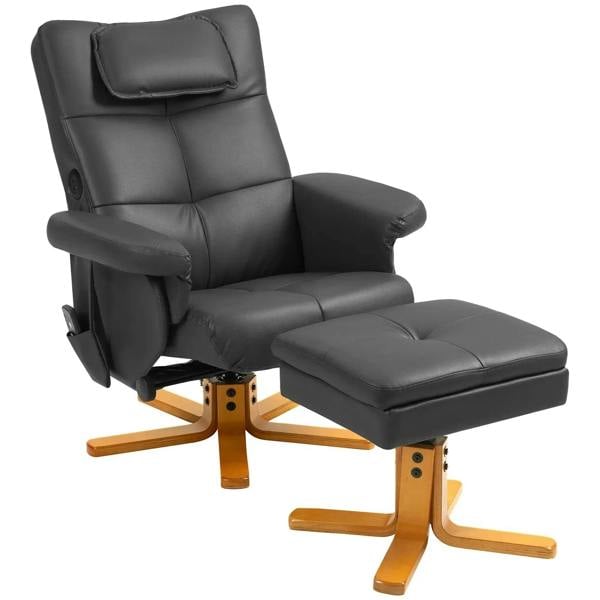 Black faux leather massage recliner chair with padded storage ottoman and footrest