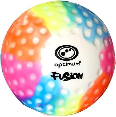 Multi-colour rainbow dimpled Optimum Fusion hockey ball with black logo on white panel - Optimum
