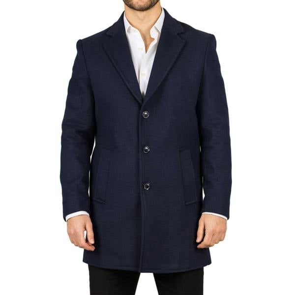 Infinity Leather Men's Notched Lapel Collar Wool Blend Navy Overcoat
