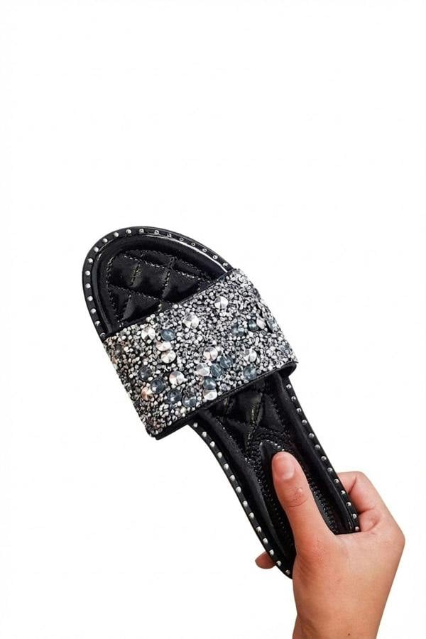 Sofie Embellished Slip On Sandals - Black_wb