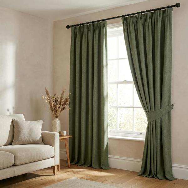 Prima made-to-measure curtains in Forest, styled in a living room